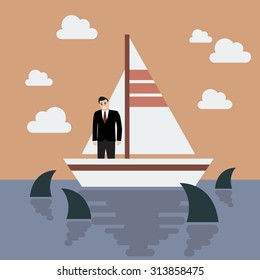 Businessman on small boat with sharks in the sea. Business risk concept