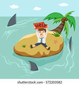 Businessman on small island showing paper with message help, vector illustration cartoon