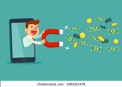 Businessman on smart phone screen holding large magnet to attract money. Digital marketing business concept.