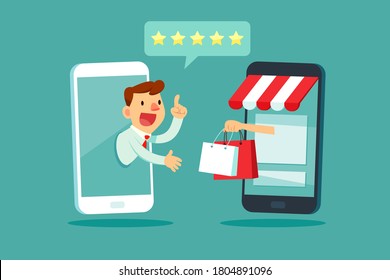 Businessman on smartphone screen give five star rating to online shopping store. Online shopping business concept.