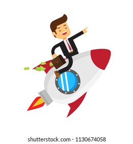 businessman on a space rocket with briefcase full of money
