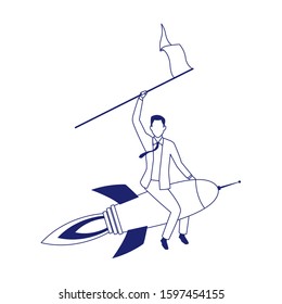 businessman on space rocket with a flag over white background, flat design, vector illustration