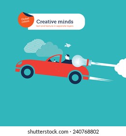 Businessman on a sports car with bulb. Vector illustration Eps10 file. Global colors. Text and Texture in separate layers.