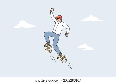 Businessman On Springs Jump High Reach Business Success. Male Employee Or Worker Approach Career Aim Or Goal Achievement. Startup And Progress Concept. Development. Vector Illustration. 