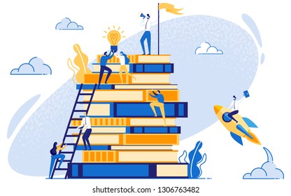 Businessman on Stack of Books. Concept of Leadership and Marketing Education. Business Coaching. Man with Loudspeaker. Advertisement, Announcement. Stairway to Success. Startup Rocket. Vector EPS 10.
