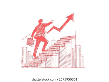 businessman on the stair reaching success hand drawn sketch