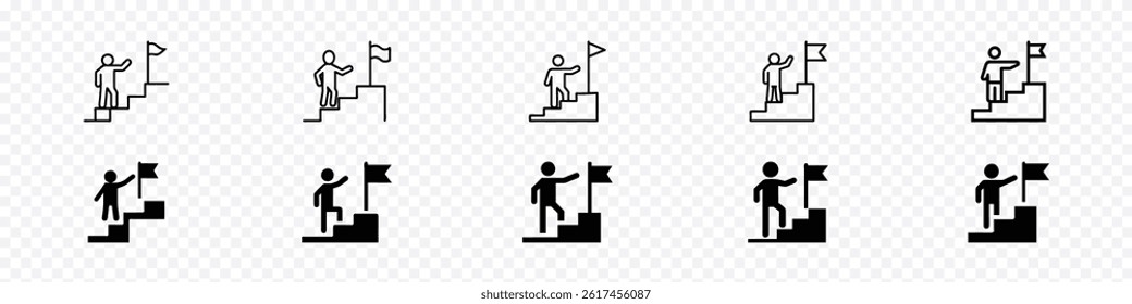 Businessman on Staircase with Flag Icon – Leadership, Success, and Achievement Symbol, Leader' achievement, Business concept of victory and success, Businessman running up stairway to flag icon