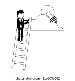 Businessman on stairs with cloud and bulb in black and white