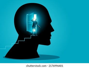 Businessman On Stairs Peek Into The Bright Door Of The Human Brain, Ambition, Dream, Imagination, Inspiration Concept