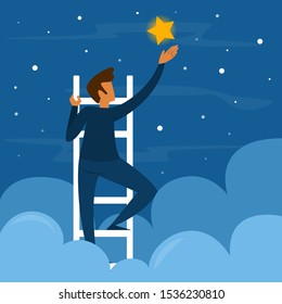 Businessman on stairs reaching the golden star. Success and aspiration. Goal in career. Man climb the ladder.
