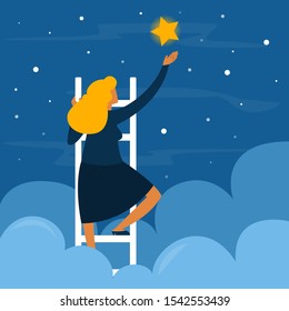 Businessman on stairs reaching the golden star. Success and aspiration. Goal in career. Woman climb the ladder. Starry night.