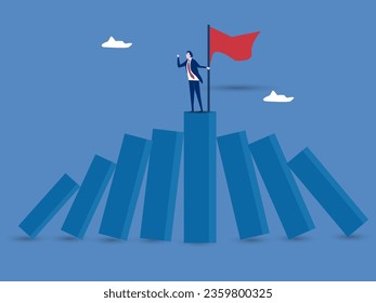 Businessman on stand strong bar graph domino collapse. Winner take all, survive business competition or strength to overcome difficulty, economic crisis or recession, business winner concept.success. 