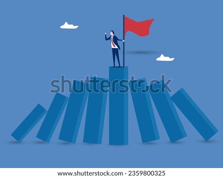 Businessman on stand strong bar graph domino collapse. Winner take all, survive business competition or strength to overcome difficulty, economic crisis or recession, business winner concept.success. 