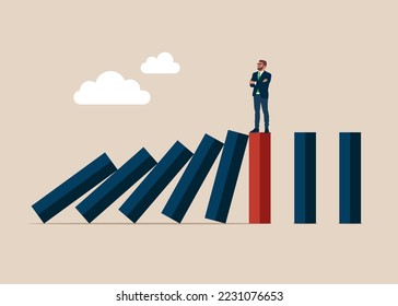 Businessman on standing domino chart, eliminate distraction. Flat modern vector illustration. 