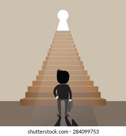 Businessman on standing looking at keyhole door.