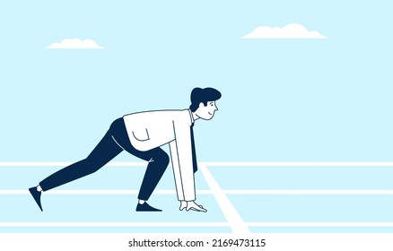 Businessman On Start. Worker Starting Run Position, Preparation Career Up. Runner Wear Business Suit, Personal Competition Challenge Recent Vector Concept