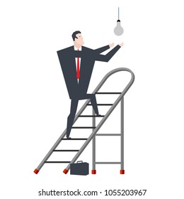 Businessman on stepladder is changing light bulb. Boss on sliding portable staircase. Vector illustration
