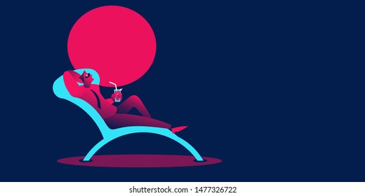 Businessman on summer vacation on the beach sitting on a deckchair . Business concept in red and blue neon gradients