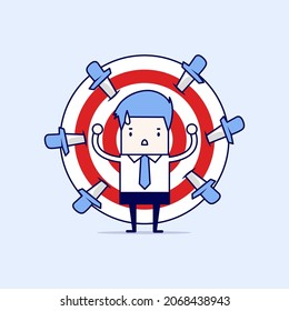 Businessman on target with knives. Cartoon character thin line style vector.