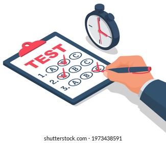 Businessman on testing. Vector illustration isometric 3d design. Filling, writing tests. Exam on time. Checklist survey. Filling out forms questionnaire. Form question template with options  answer.