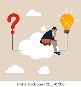 Businessman on thinking bubble connect question mark to lightbulb solution. Problem solving skill, critical thinking or finding solution to solve problem, answer question, creativity or imagination.