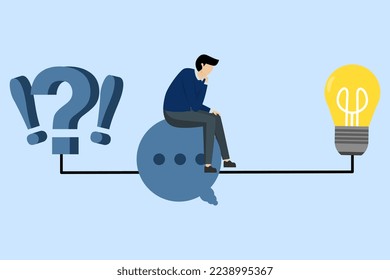 businessman on thinking bubble connect question mark to lightbulb solution. Problem solving skills, answer questions, creativity or imagination, critical thinking or finding solutions to solve problem