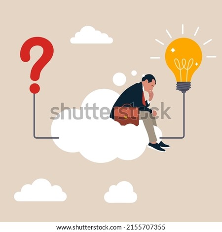 Businessman on thinking bubble connect question mark to lightbulb solution. Problem solving skill, critical thinking or finding solution to solve problem, answer question, creativity or imagination.