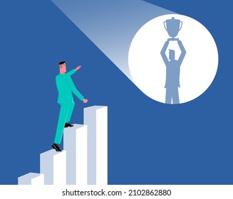 The businessman is on a timetable for growth and looks at his shadow that holds the cup. Business award
