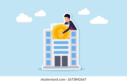 Empresario encima del edificio que inserta la moneda en la ilustración del rascacielos de la ganancia de la compañía obtenida del proyecto empresarial terminado