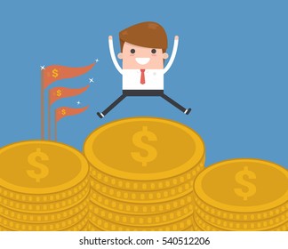 Businessman on Top of Coin Stack with Red Flag