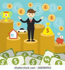 Businessman on Top of Gold Coins and Money, Marketing Banking Finance