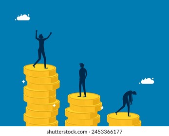 Businessman on top of growing pile of money. vector 