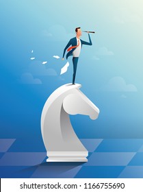 Businessman on top of horse chess piece using telescope looking for success, opportunities, future business trends. Successful business strategy concept. Cartoon Vector Illustration.