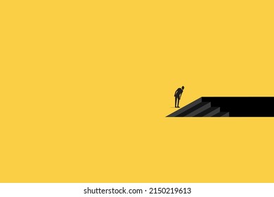 businessman on top looking down stairs. Business crisis, depression or burnout syndrome vector concept. Symbol of stress, recession,