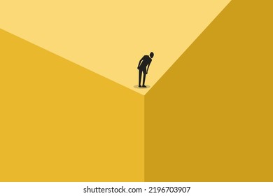 businessman on top looking down from building. Business crisis, depression or burnout syndrome vector concept. Symbol of stress, recession