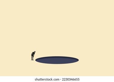 businessman on top looking down black hole. Business crisis, depression or burnout syndrome vector concept. Symbol of stress, recession,