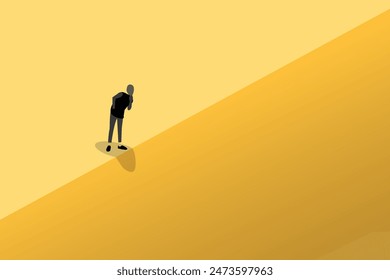 Geschäftsmann oben, der vom Gebäude herunterschaute. Business Crisis, Depression oder Burnout Syndrome Vektorgrafik Konzept. Symbol für Stress, Rezession