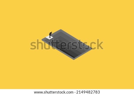 businessman on top looking down hole. Business crisis, depression or burnout syndrome vector concept. Symbol of stress, recession,
