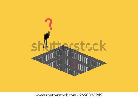 Businessman on top looking down hole. Business crisis, depression or burnout syndrome vector concept. Symbol of stress, recession