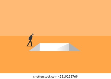 Businessman on top looking hole. Business crisis, depression or burnout syndrome vector concept. Symbol of stress, recession