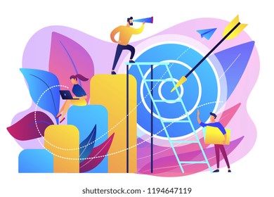 Businessman on top looking into telescope and employees. Business opportunity, bizopp and franchising, distribution concept on white background. Bright vibrant violet vector isolated illustration