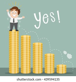 Businessman on the top of money, vector illustration cartoon
