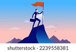 Businessman on top of mountain - Business person on mountaintop with raised flag in hand. Achievement, winner and victory concept, vector illustration with copy space