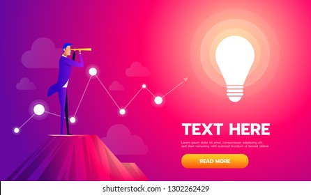 Businessman on top mountain holding telescope looking a idea. Success, leadership, achievement and goal concept. Startup vector illustration flat