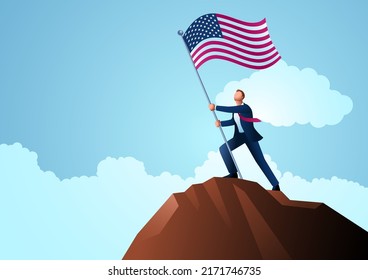 Empresario en la cima de la montaña sosteniendo la bandera de Estados Unidos, ilustración vectorial