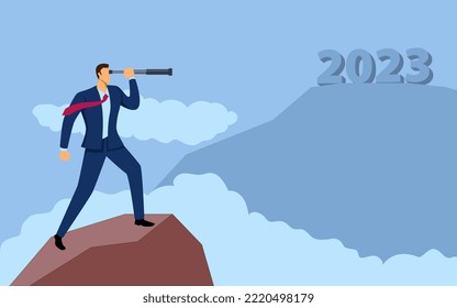 Businessman on top of a mountain looking through telescope to the year 2023, forecast, vision in business concept