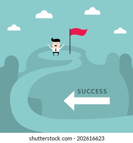 Businessman on the top of the mountain. Success, goal achievement business concept. Vector illustration