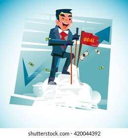 businessman on top of mountain. successful concept - vector illustration