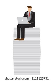 Businessman on top of a tall stack of document. Concept of profitable business growth. Vector cartoon illustration.