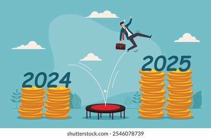 Empresario en saltos de trampolín de 2024 a 2025 monedas que simbolizan una mayor riqueza. Adecuado para finanzas, inversiones, aspiraciones, conceptos de motivación